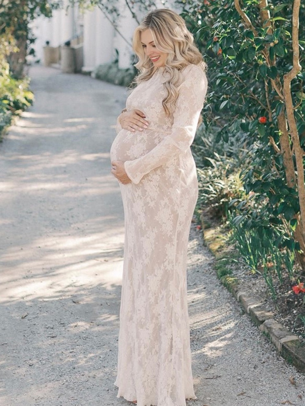 Momyknows White Lace Ruffle Mermaid Elegant
Maternity Maxi Dress